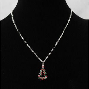 Silver Tone Necklace with a Red and Green Rhinestone Christmas Tree N83